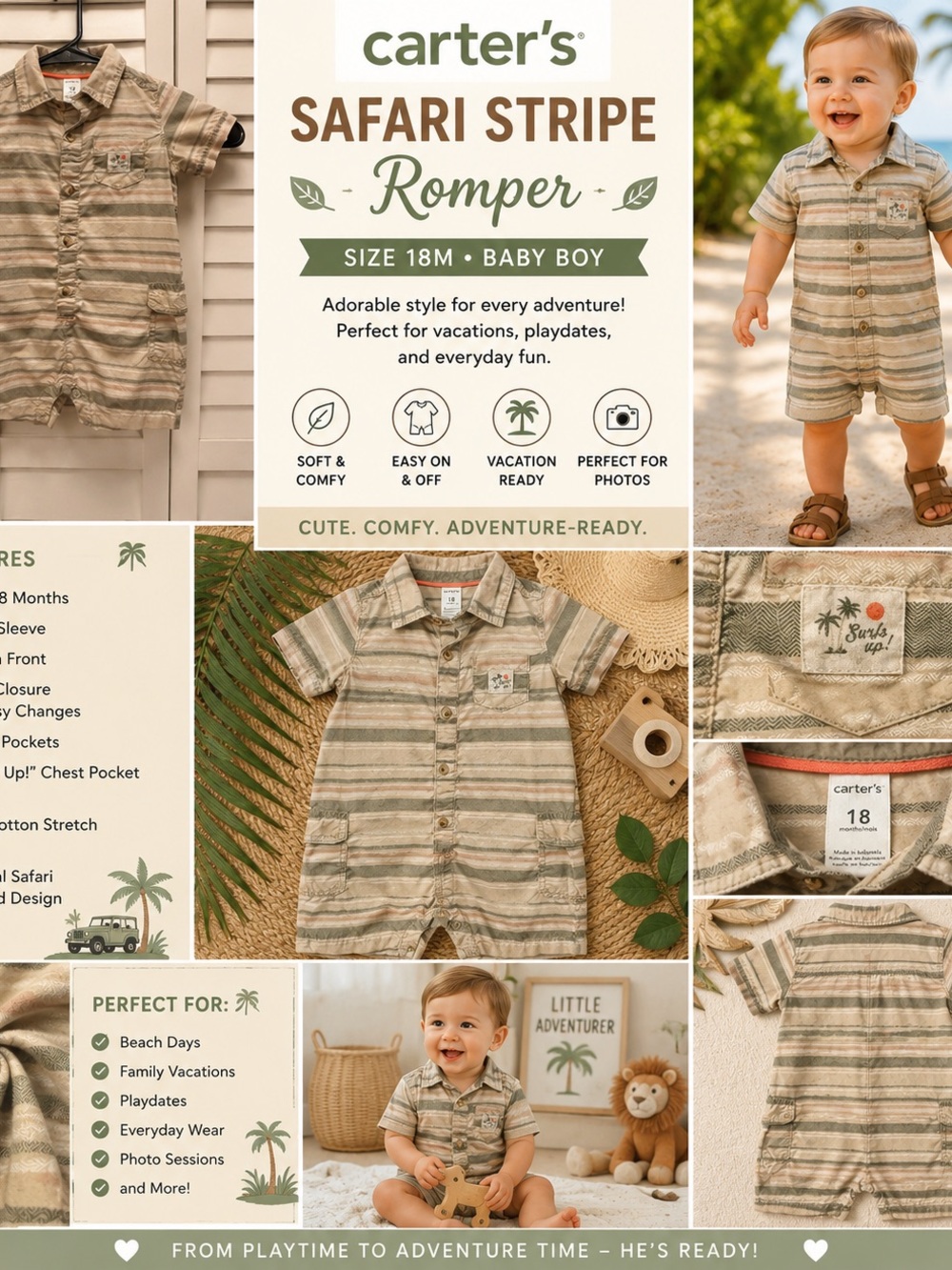 Carter’s Baby Romper 18M Beige Stripe Safari Resort Snap Button Front Cargo Surf